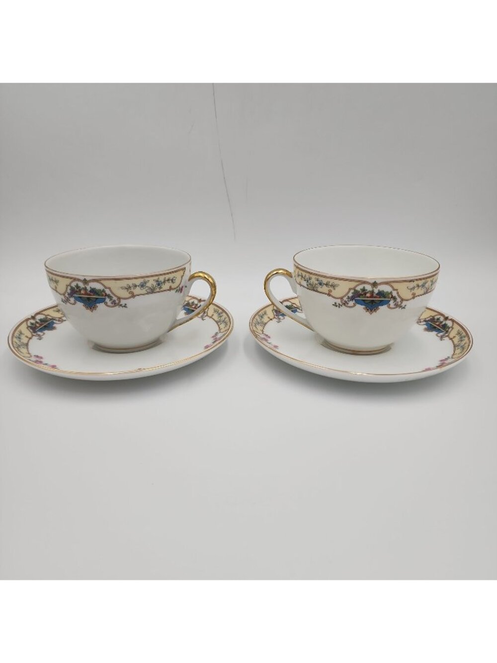 Vintage 1940s German Bullion Tea Cups & Saucers Set Of 2 Porcelain